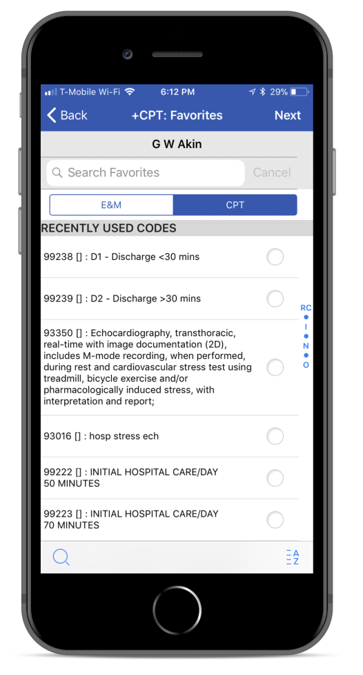 CPT Code list for charge capture